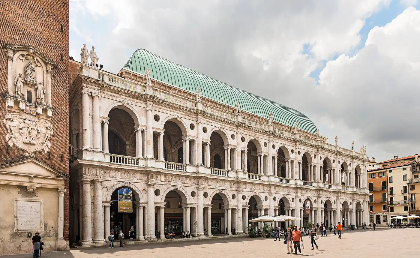 The Basilica Palladiana's arcades and tower over the main square in Vicenza — the first sight of a vicenza day trip from padua